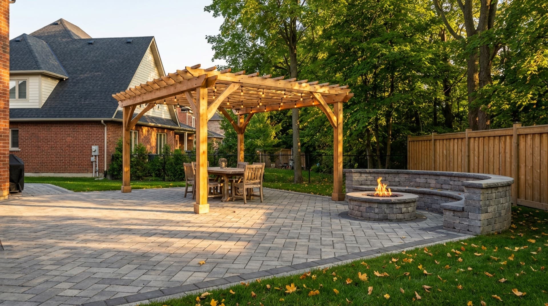 Full outdoor living build in Oakville at golden hour