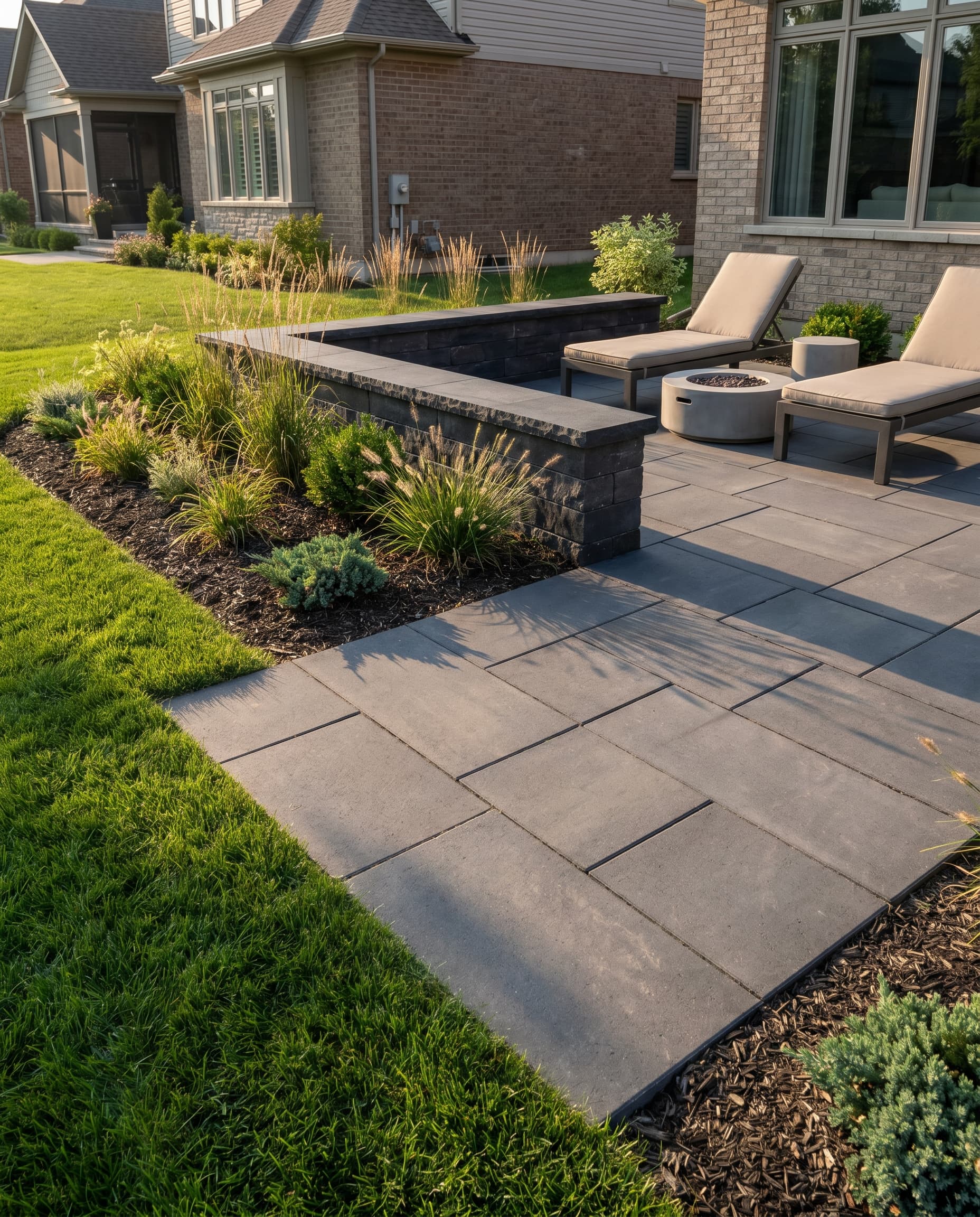 Paver patio with seating wall at a Burlington home by McCoy Landscape Group