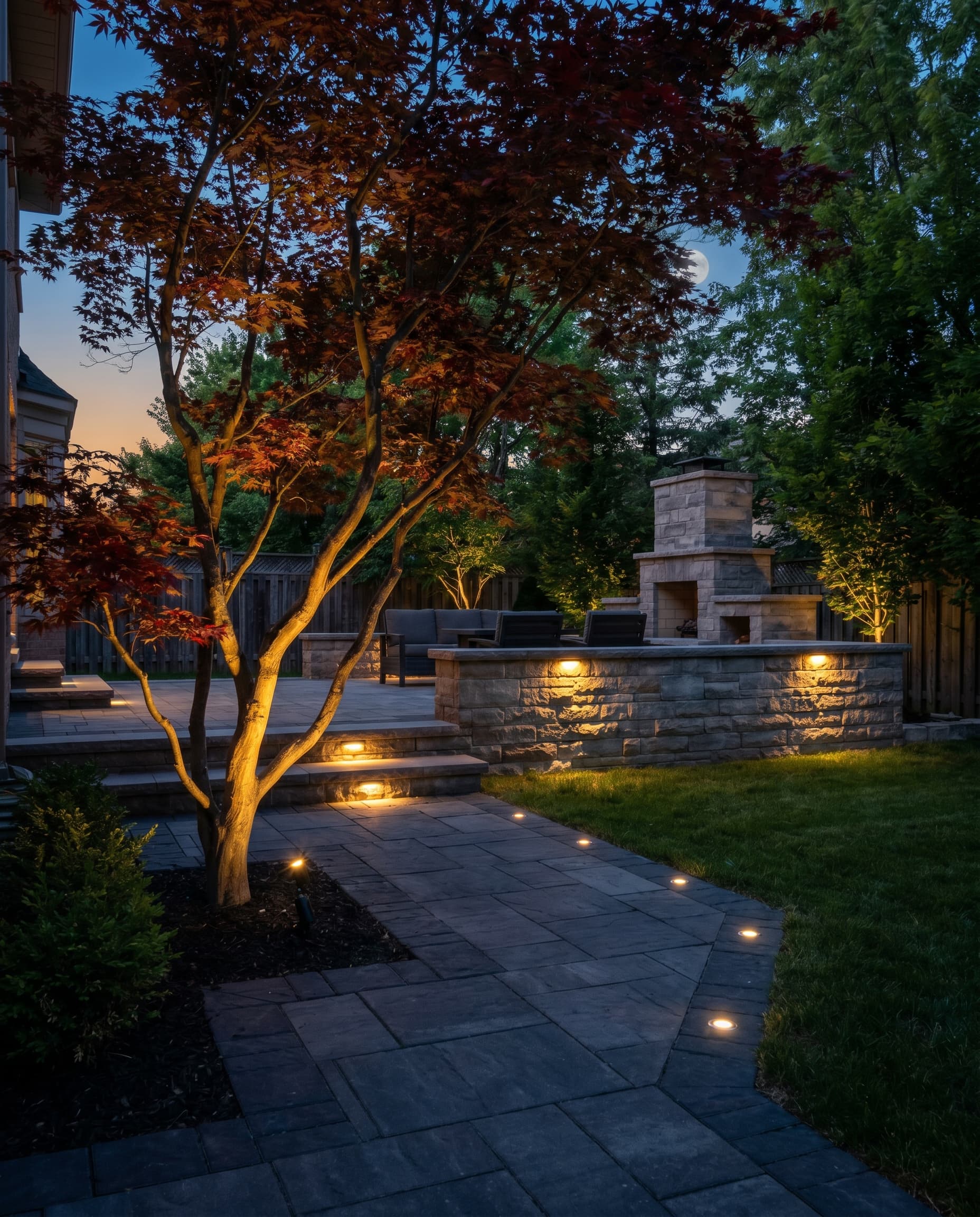 Landscape lighting night view of a Mississauga backyard by McCoy Landscape Group