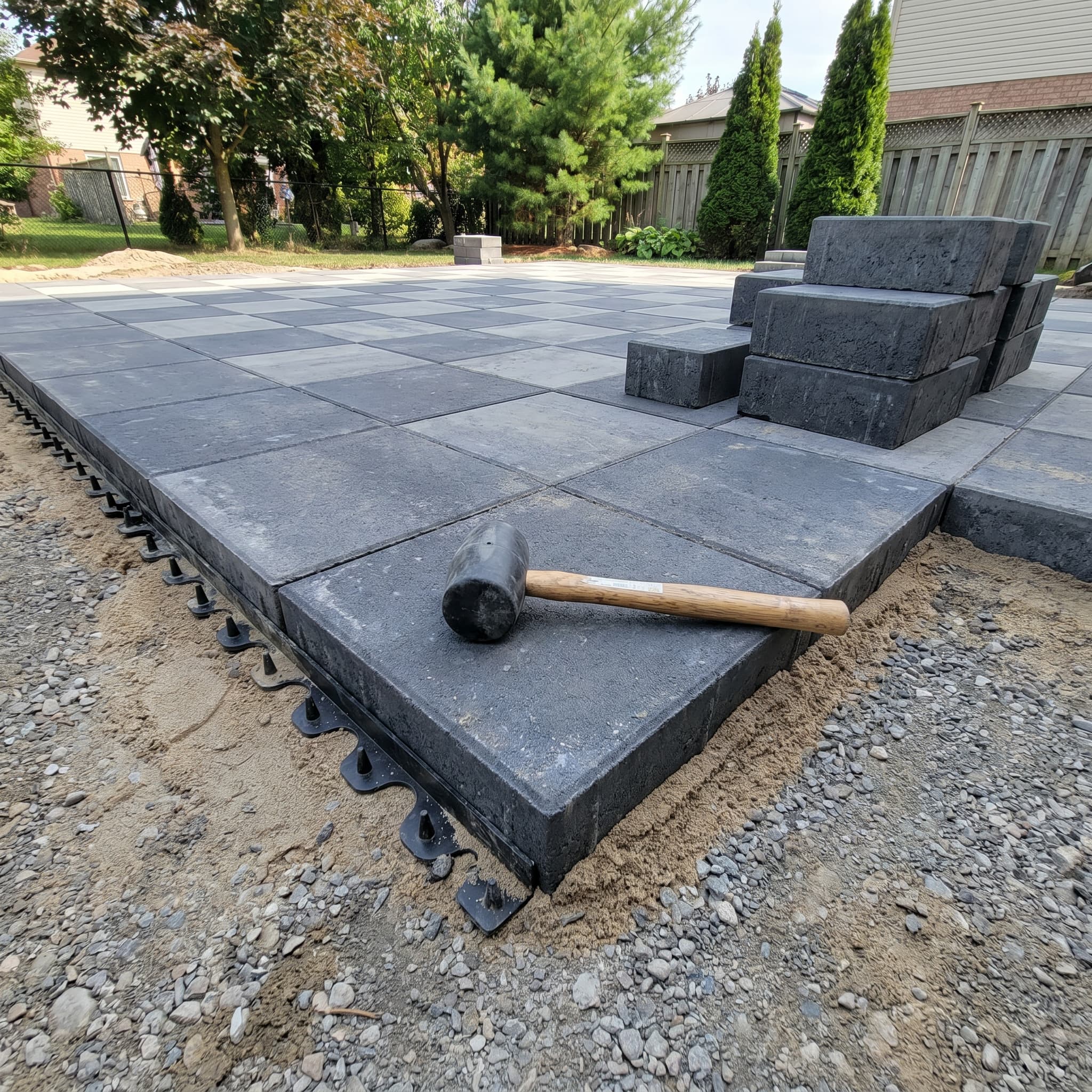 Paver patio installation in progress on a Milton hardscape project by McCoy Landscape Group