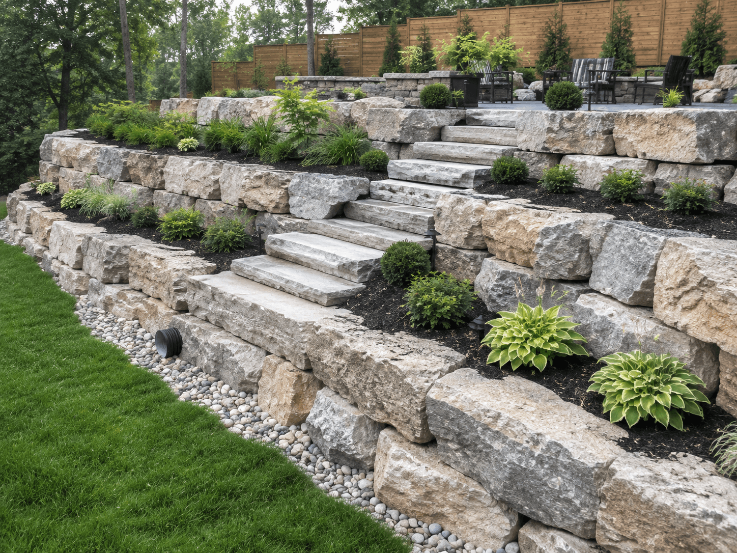 A tiered stone garden with a central stone stairway and planting beds holding a backyard grade in Oakville by McCoy Landscape Group
