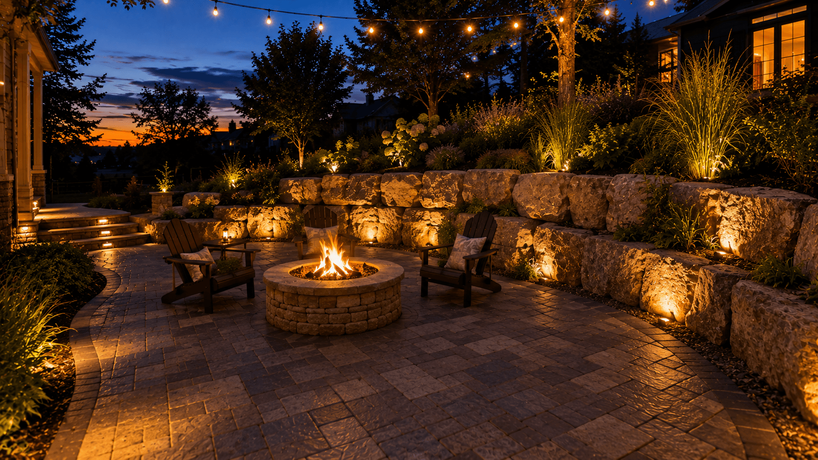 A cozy twilight patio with a stone fire pit set above an armour stone wall in Oakville by McCoy Landscape Group