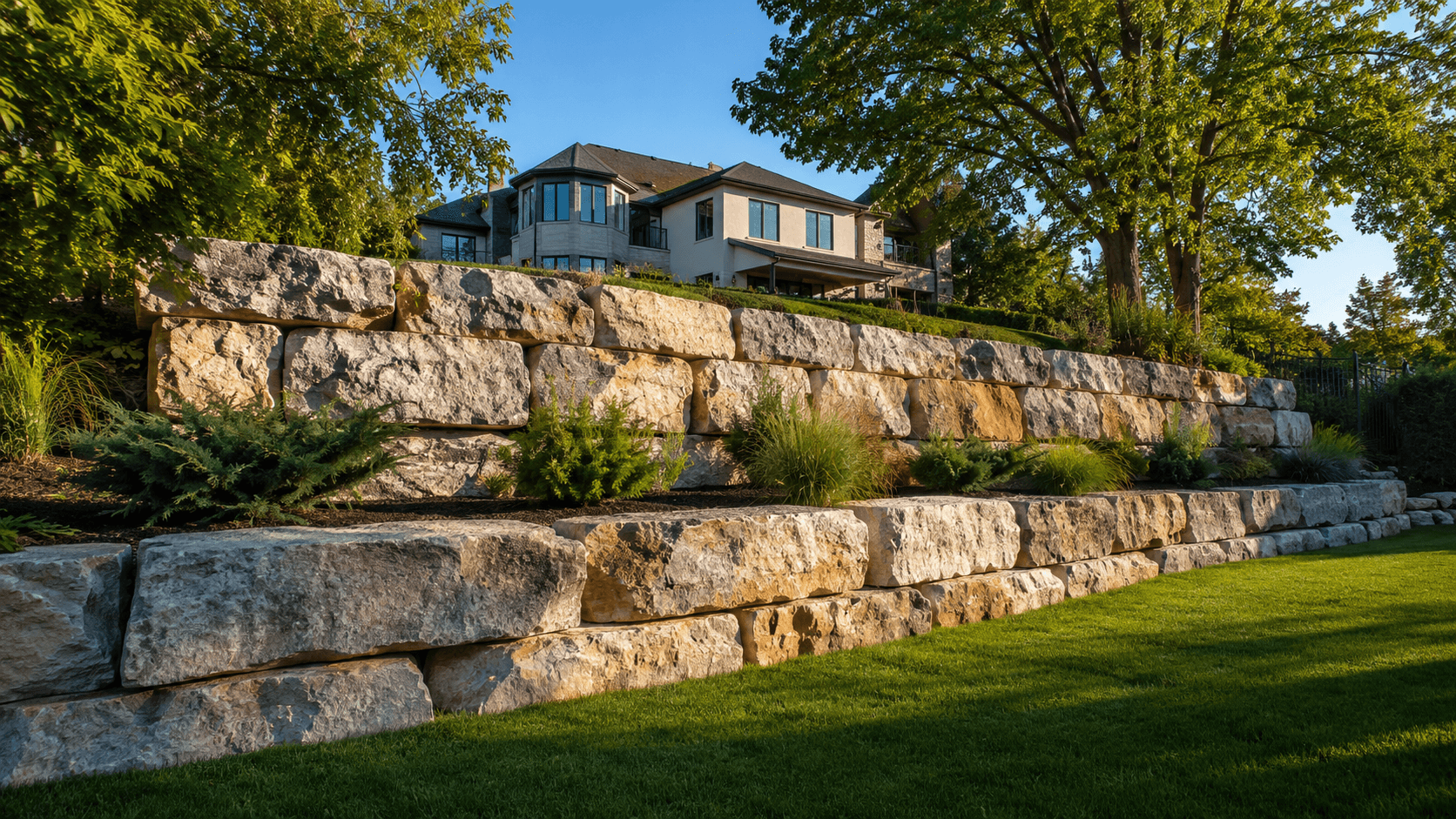 Tiered limestone armour stone retaining wall terracing the front garden of an Oakville home built by McCoy Landscape Group