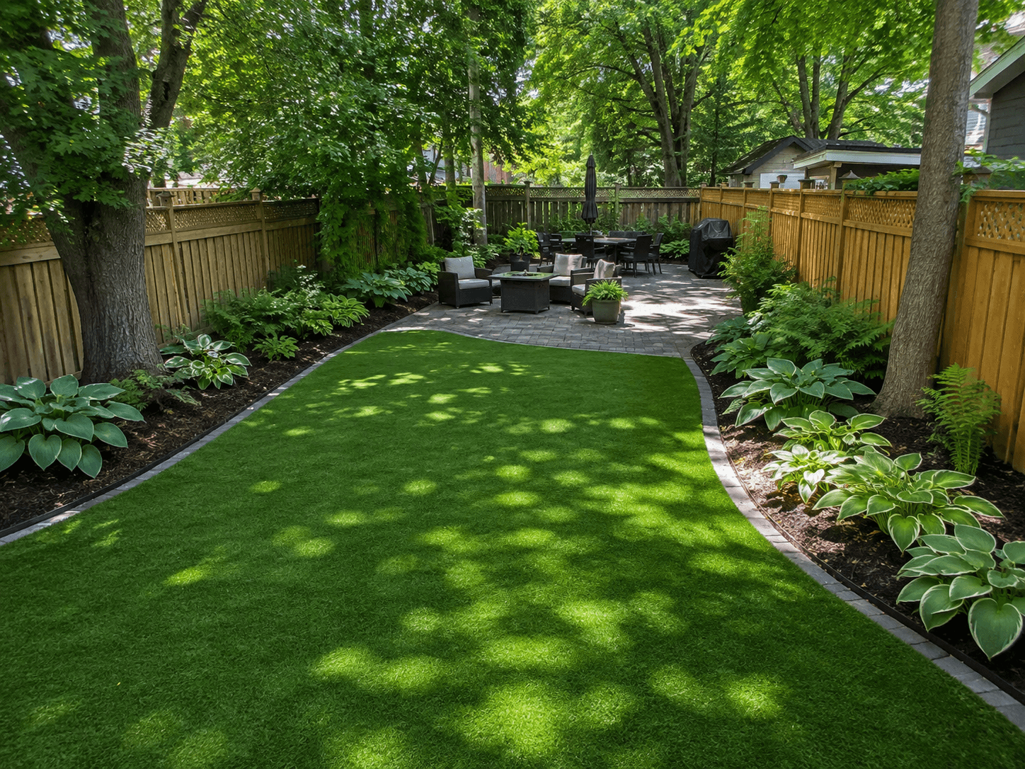 A shaded backyard turned into a clean, green turf lawn with a paver border in Oakville by McCoy Landscape Group