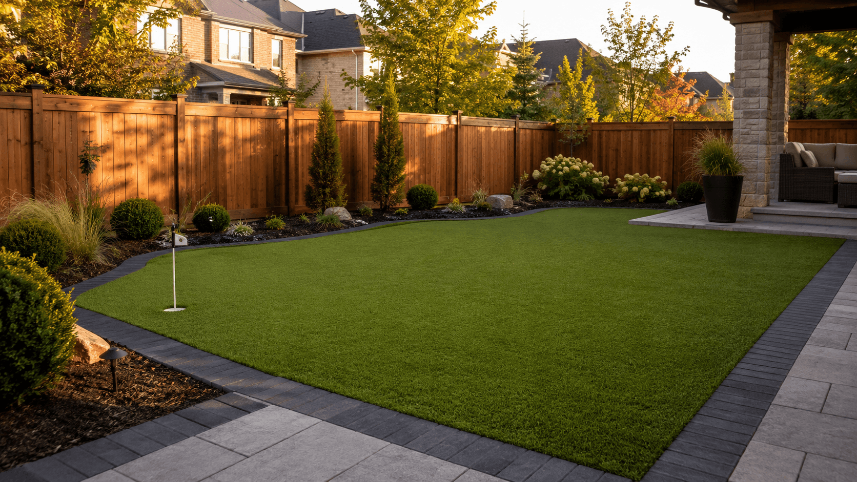A lush artificial turf lawn glowing at twilight in Oakville by McCoy Landscape Group