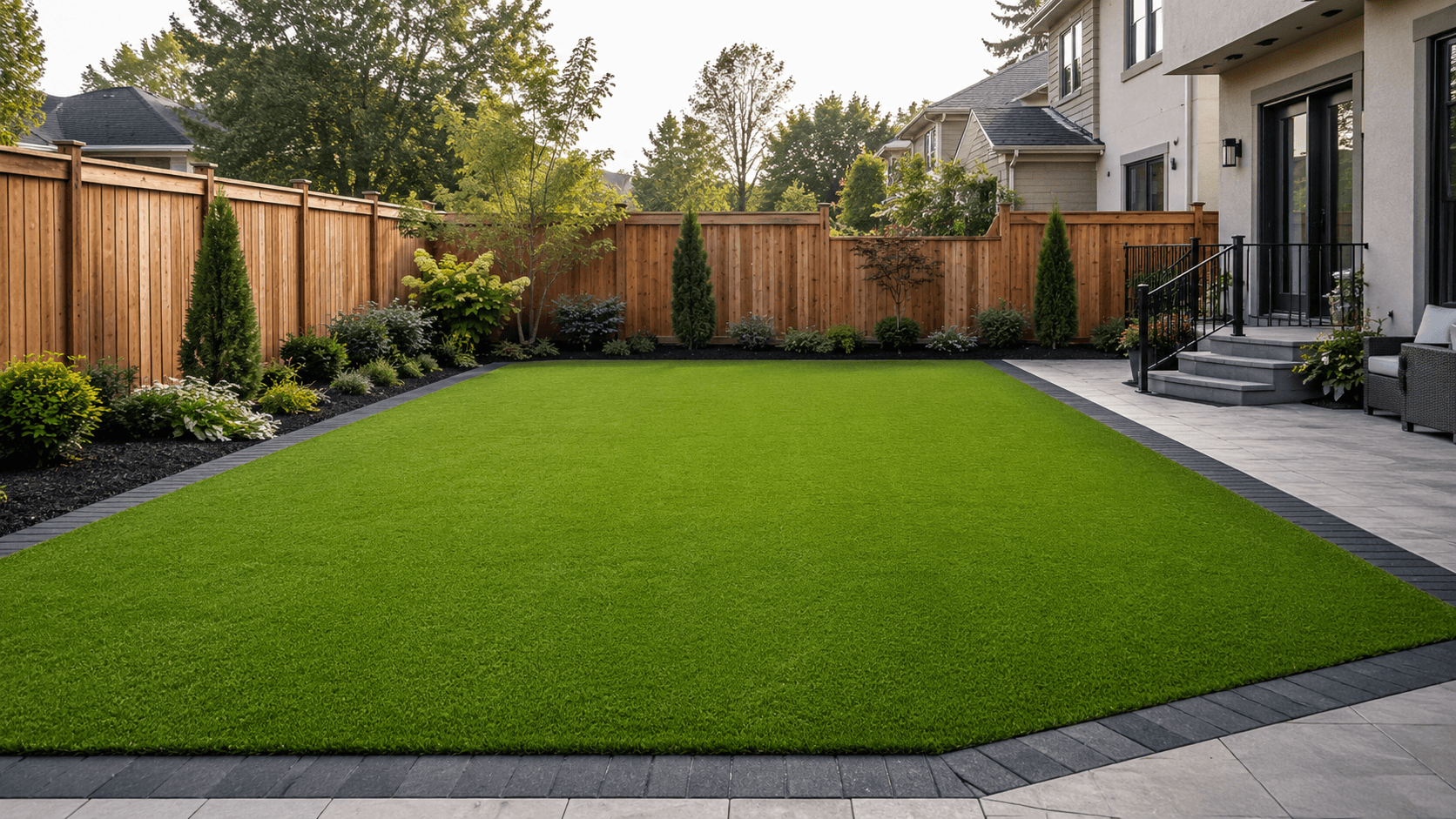 Clean, even artificial turf lawn with a paver border on an Oakville property installed by McCoy Landscape Group