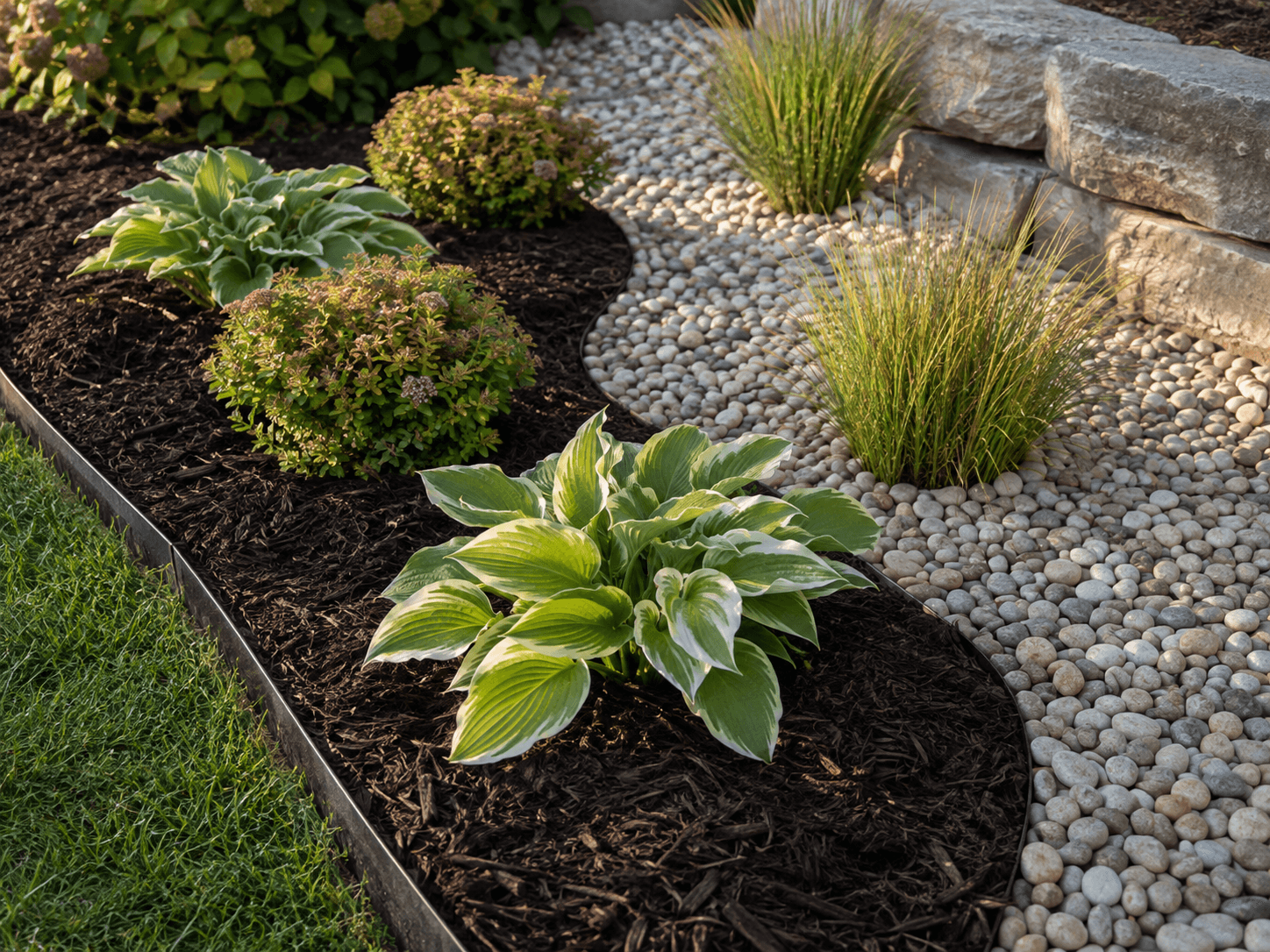 Tired beds cleared, edged, and finished with fresh mulch and river rock accents in Oakville by McCoy Landscape Group