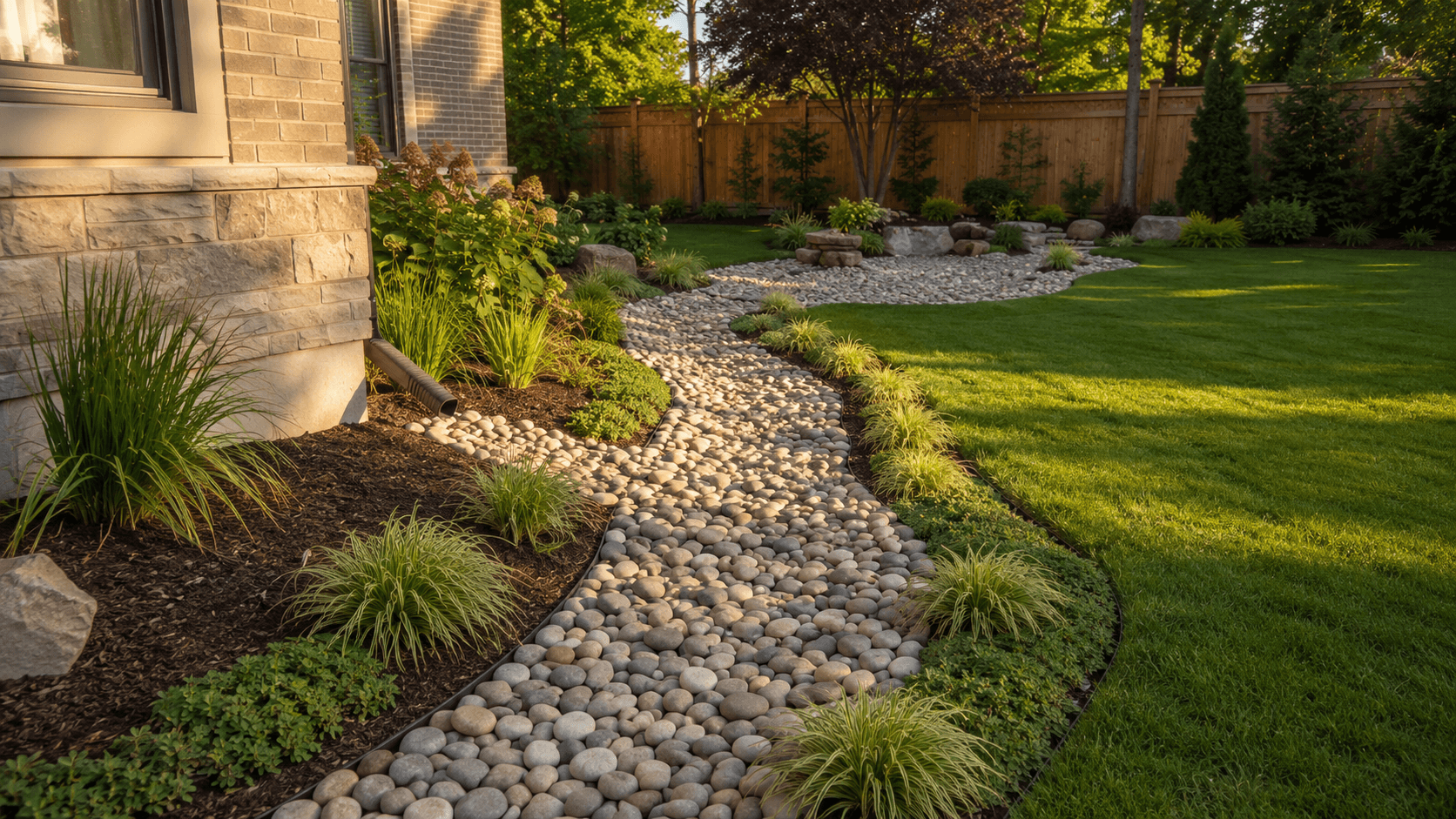 Decorative rock and mulched beds glowing at twilight in Oakville by McCoy Landscape Group