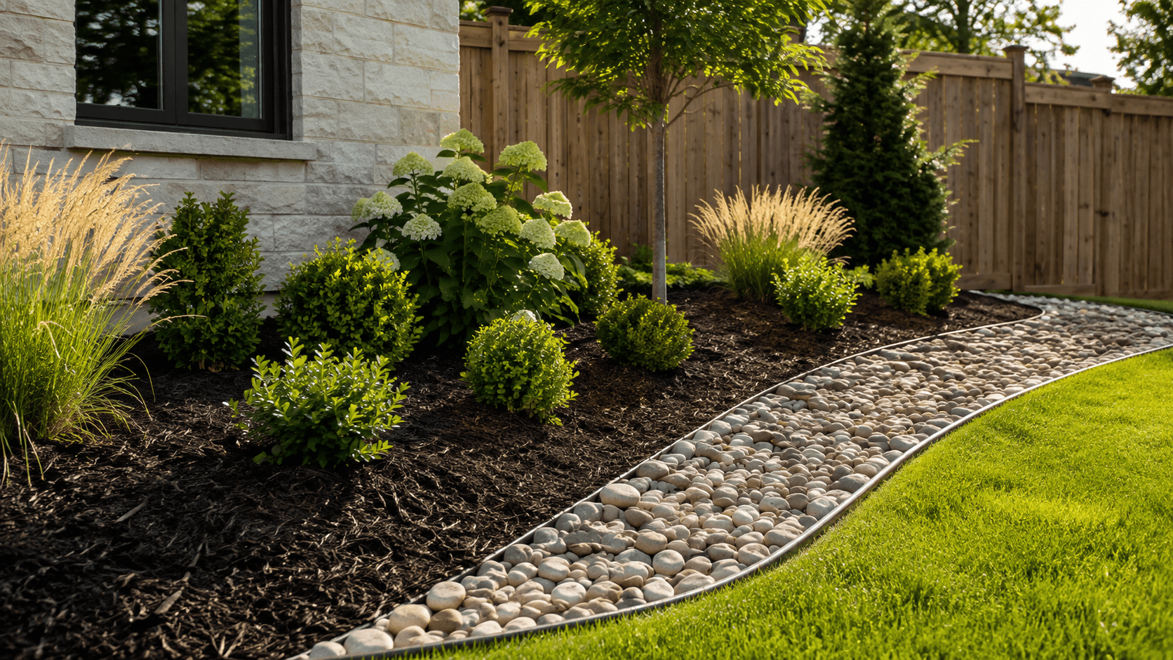 Crisp garden beds finished with fresh mulch and river rock accents on an Oakville property by McCoy Landscape Group