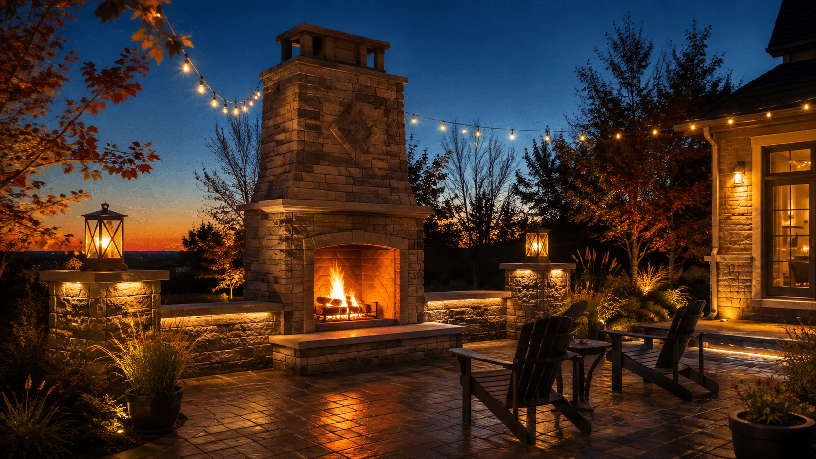Custom stone fire feature with seating wall at dusk on an Oakville property built by McCoy Landscape Group