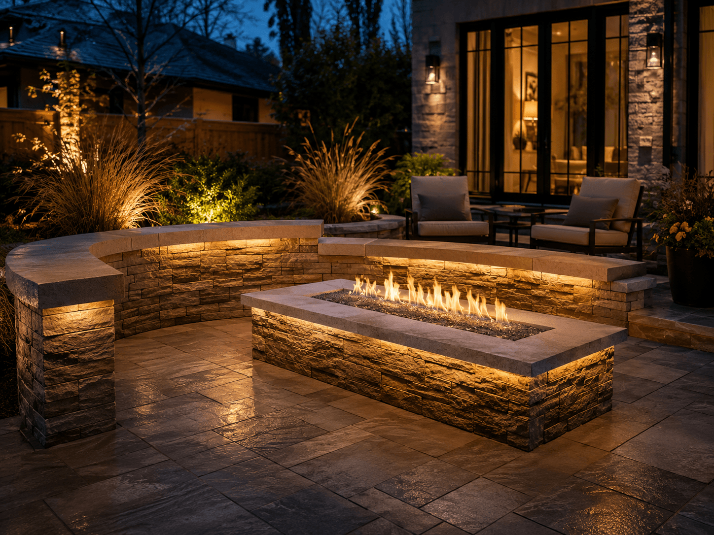 Gas fire feature with curved stone seating wall and paver surround at dusk in Oakville by McCoy Landscape Group