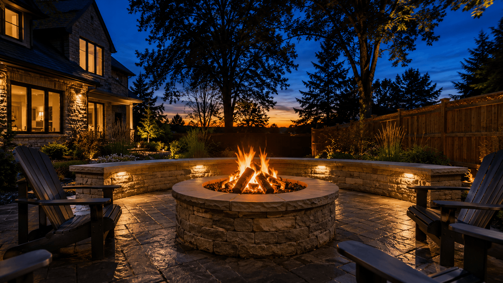 A stone fire feature glowing at twilight in Oakville by McCoy Landscape Group