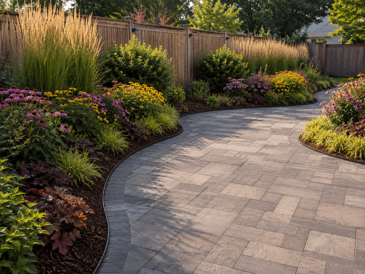 Newly designed garden beds with layered planting, clean edging, and mulch framing a paver patio in Oakville by McCoy Landscape Group