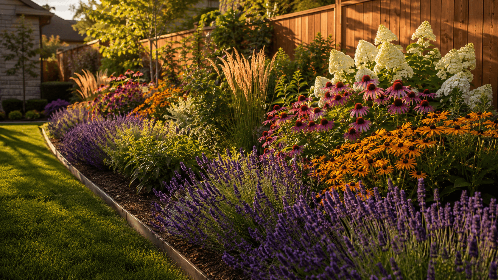 Designed garden beds glowing at twilight in Oakville by McCoy Landscape Group