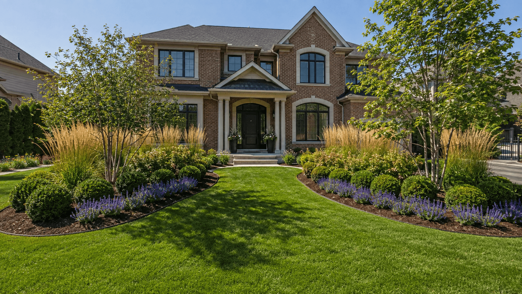 Designed garden beds with layered planting and clean edging framing a home on an Oakville property by McCoy Landscape Group