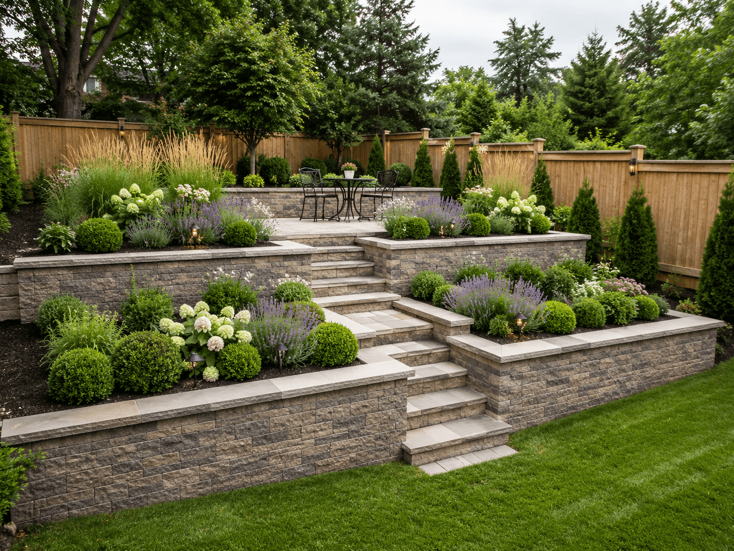 A terraced garden with central stone steps and raised beds turning a sloped yard into usable space in Oakville by McCoy Landscape Group