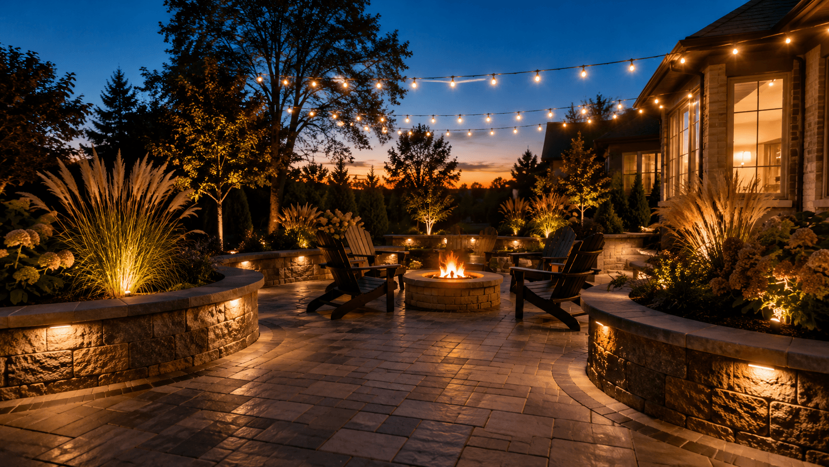 A cozy twilight patio by the fire set above a garden retaining wall in Oakville by McCoy Landscape Group