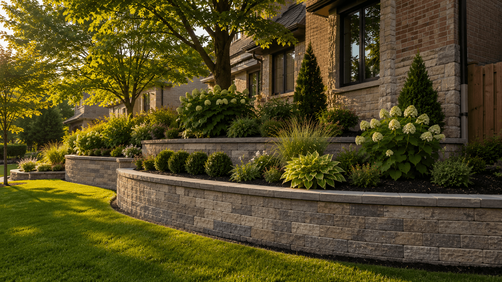 Golden-hour terraced garden retaining wall with raised planting beds on an Oakville property built by McCoy Landscape Group