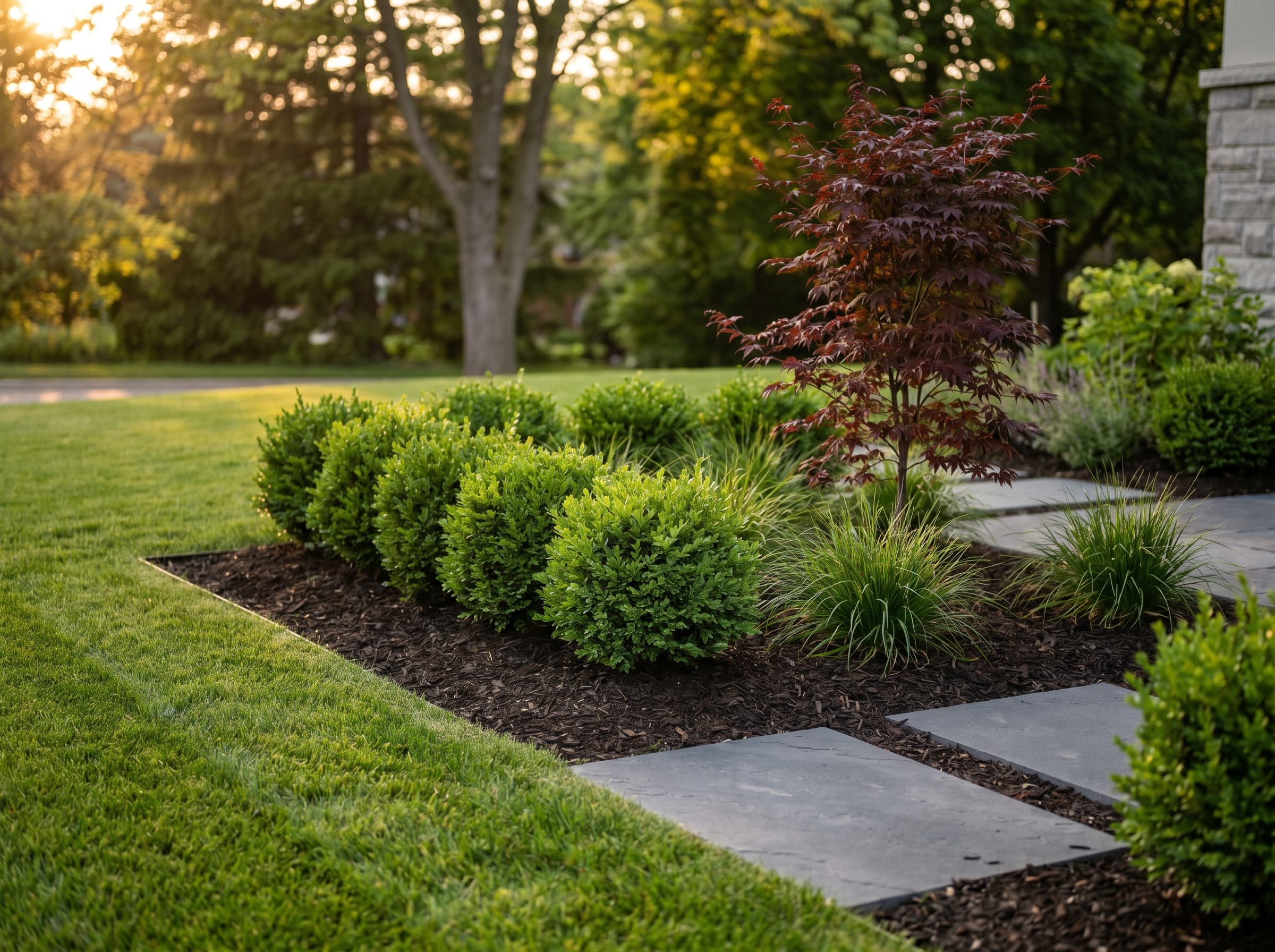 Premium Oakville property after a McCoy maintenance visit — edged lawn and crisp mulched beds