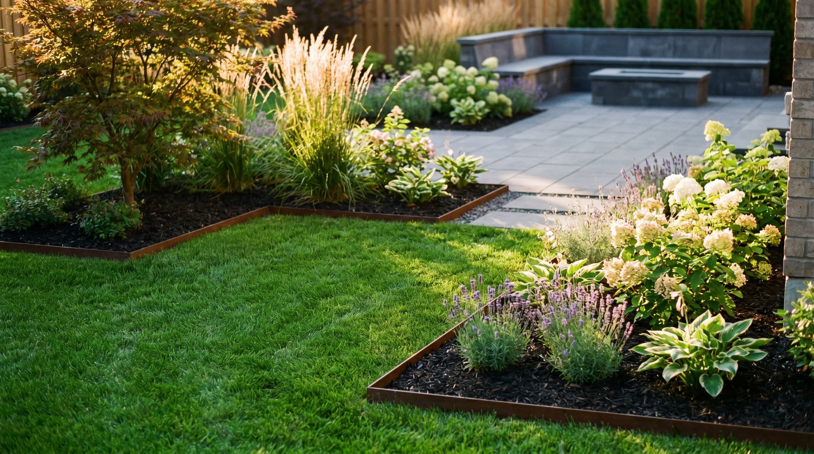 Softscape build — sod lawn, mulched beds, and ornamental plantings on an Oakville property by McCoy Landscape Group