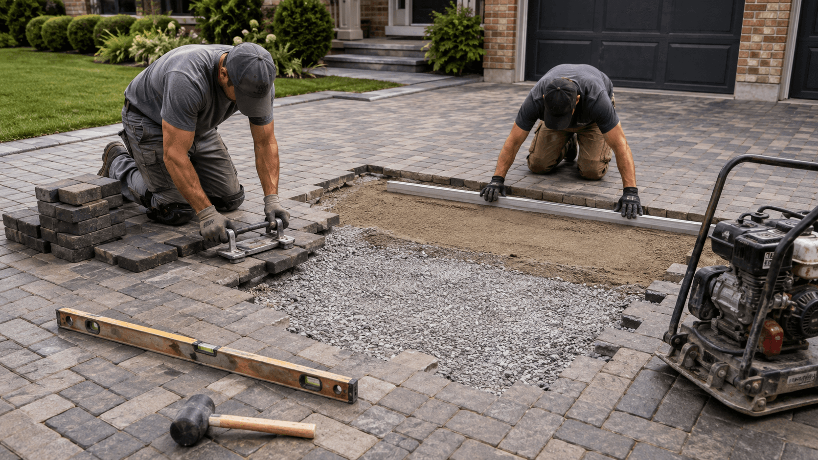 A paver driveway repair in progress with sunken pavers lifted, re-based, and relaid to level in Oakville by McCoy Landscape Group