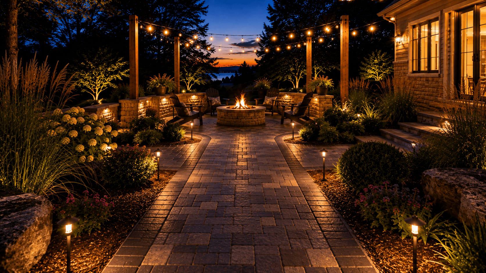 A twilight patio retreat by the firepit above re-levelled interlock in Oakville by McCoy Landscape Group