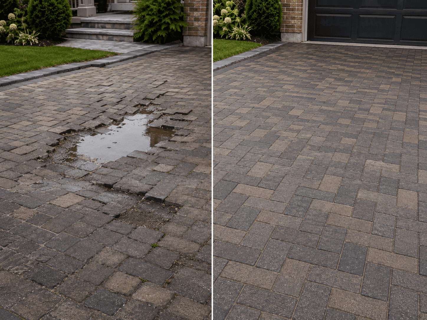 Before-and-after restoration of a driveway with interlock pavers lifted and re-levelled on an Oakville property by McCoy Landscape Group