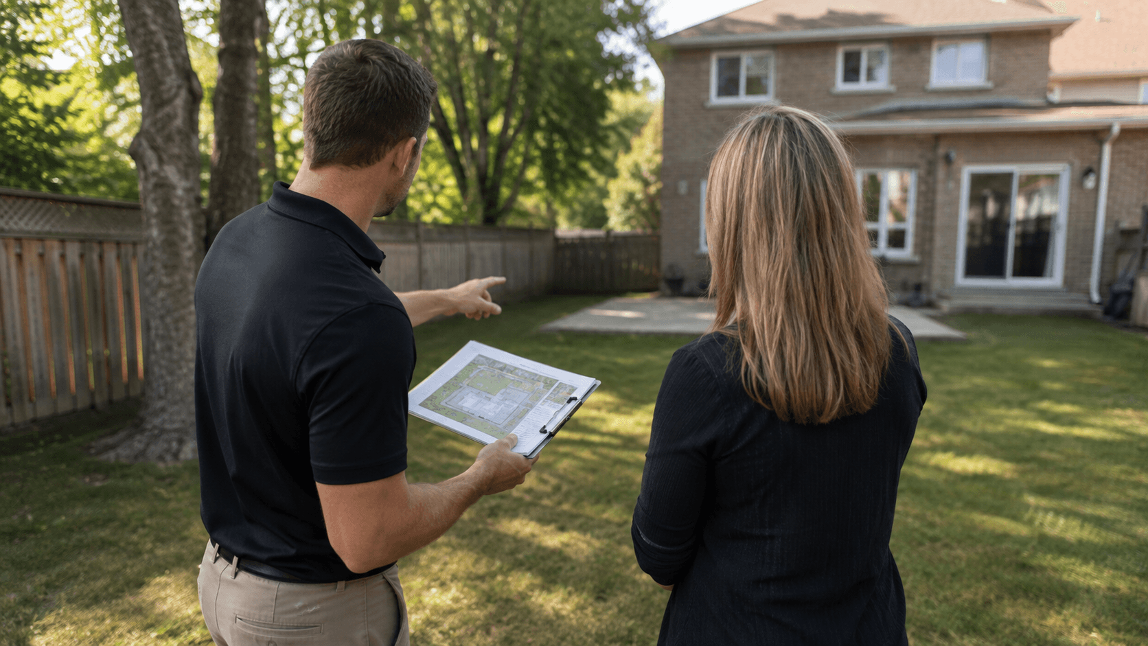 McCoy Landscape Group design consultation walking a backyard in Oakville