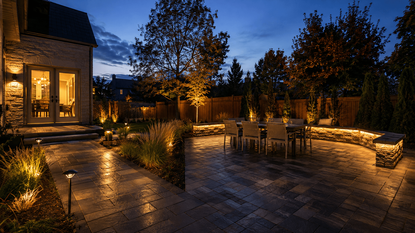 A designed landscape plan realized and glowing at twilight in Oakville by McCoy Landscape Group
