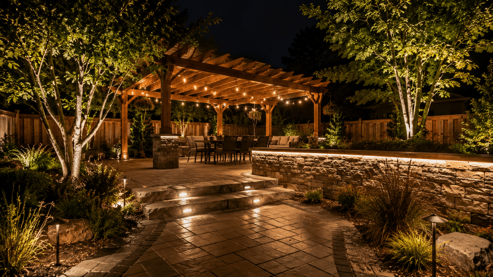 Landscape lighting on a paver patio and pergola at night in Oakville by McCoy Landscape Group