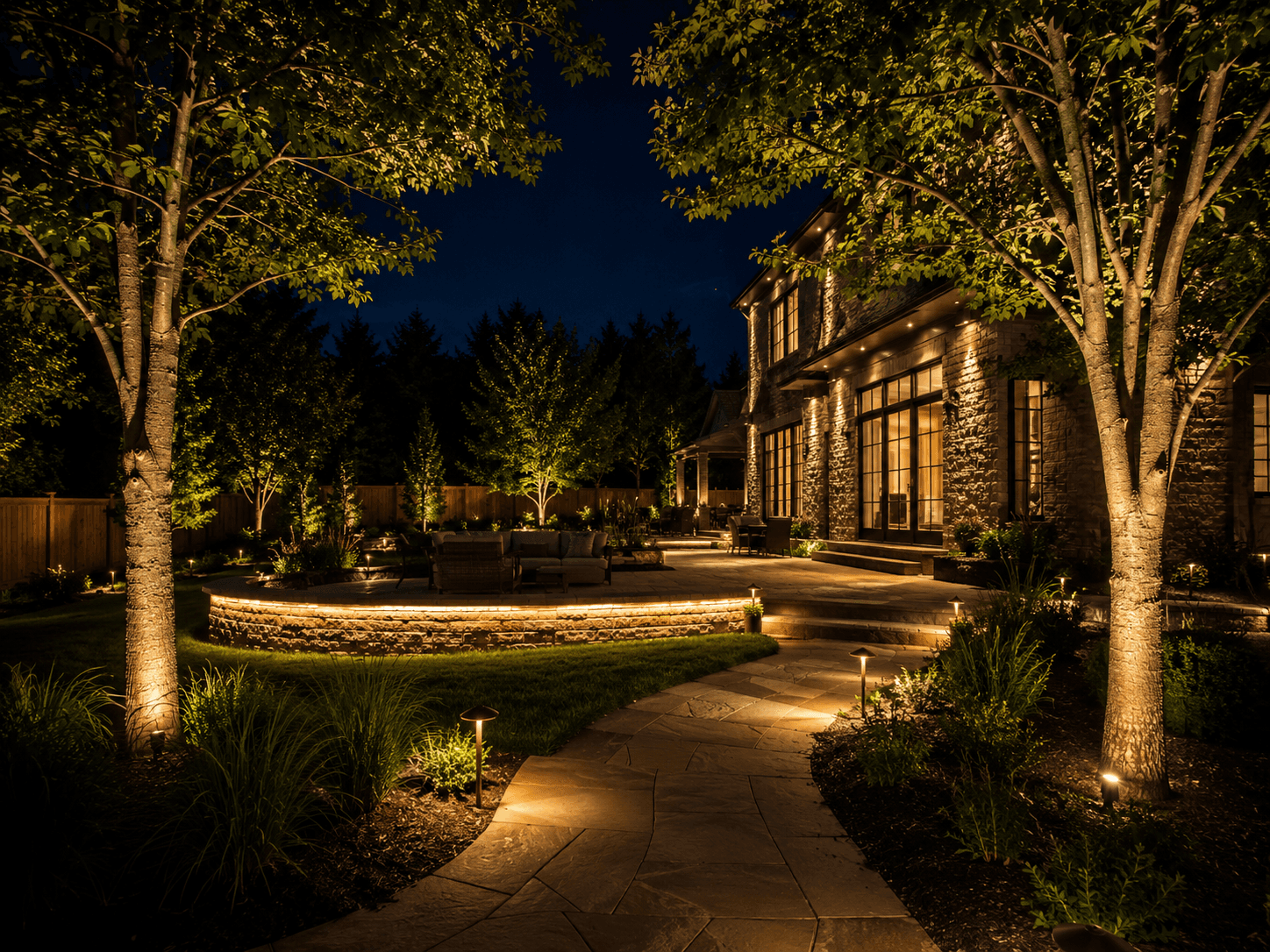 Whole-yard landscape lighting system with zones and smart controls in West GTA by McCoy Landscape Group