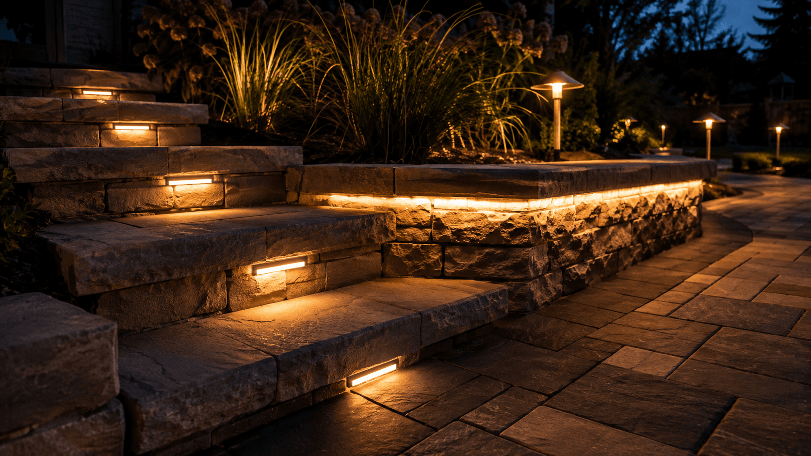 A landscape lit up at twilight in Oakville by McCoy Landscape Group