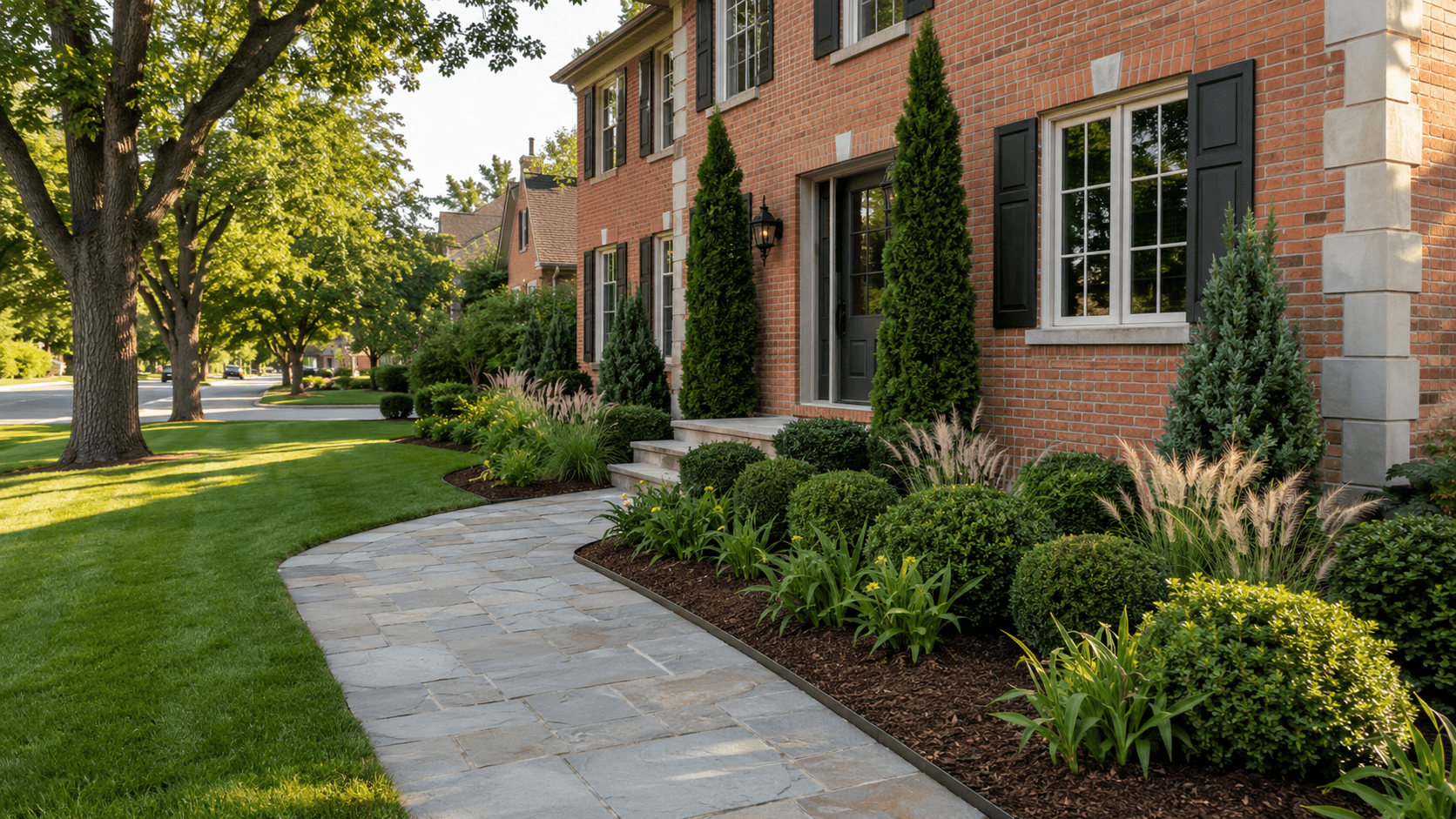 Fresh landscape planting glowing at twilight in Oakville by McCoy Landscape Group