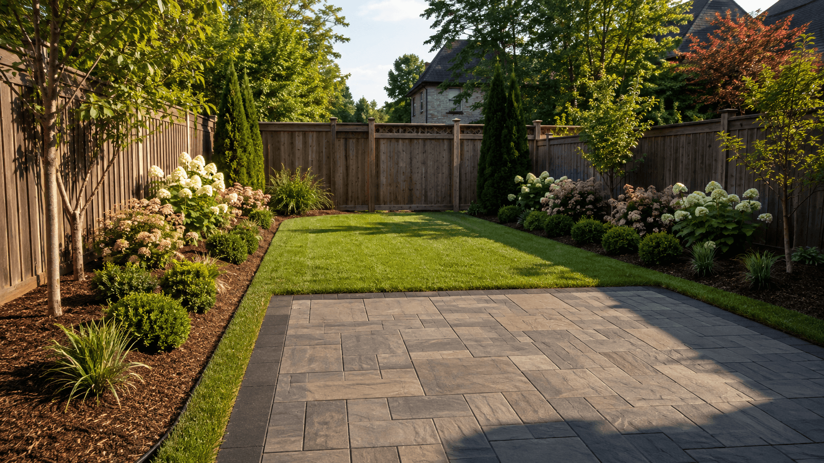 Freshly planted garden beds with trees and shrubs framing a patio on an Oakville property by McCoy Landscape Group