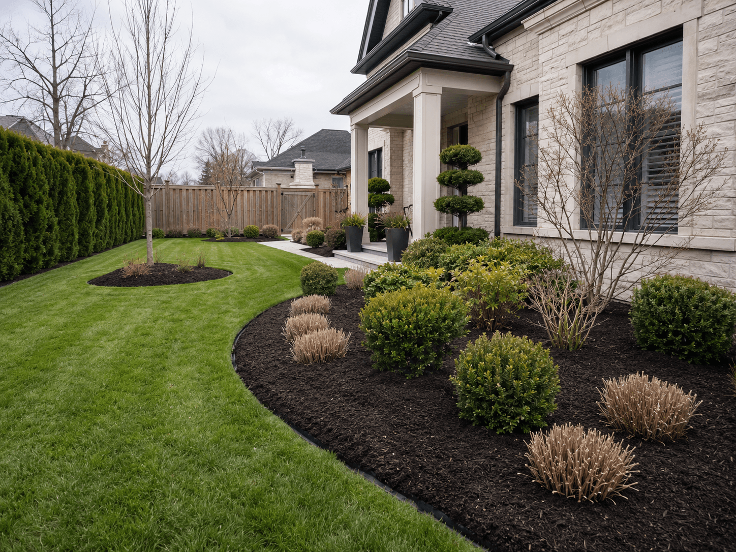 A McCoy Landscape Group crew keeping an Oakville property's lawn, beds, and hardscape crisp through the season