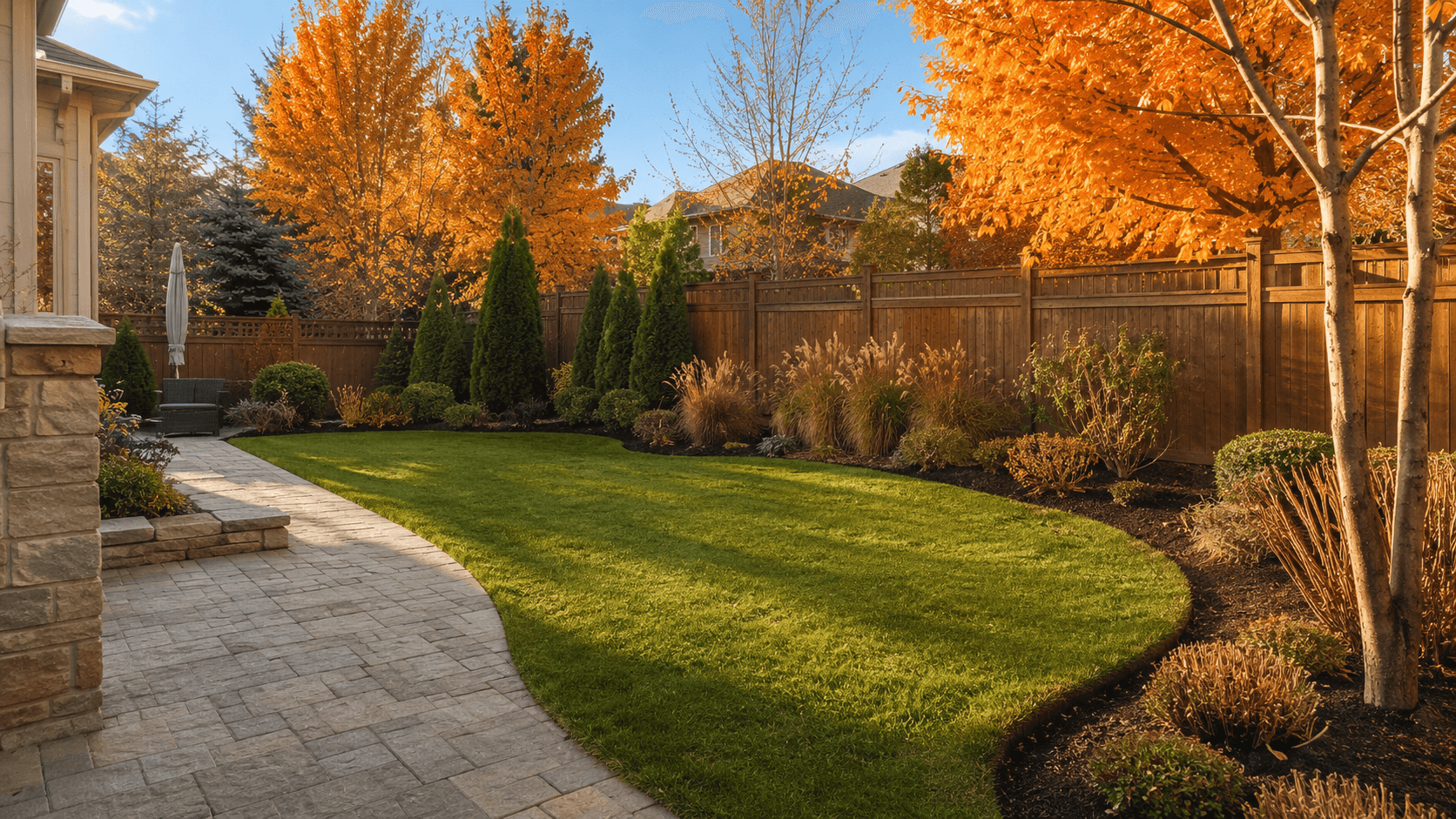 A well-maintained landscape glowing at twilight in Oakville by McCoy Landscape Group
