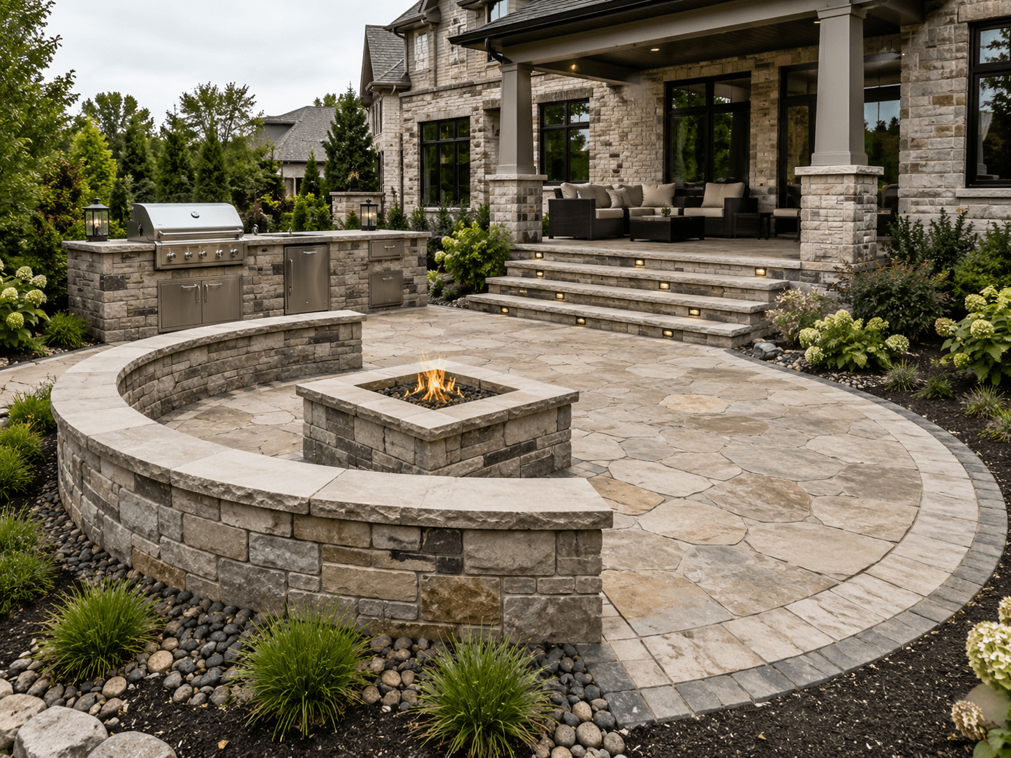 Natural stone seating wall, fire feature, and flagstone patio built in Oakville by McCoy Landscape Group