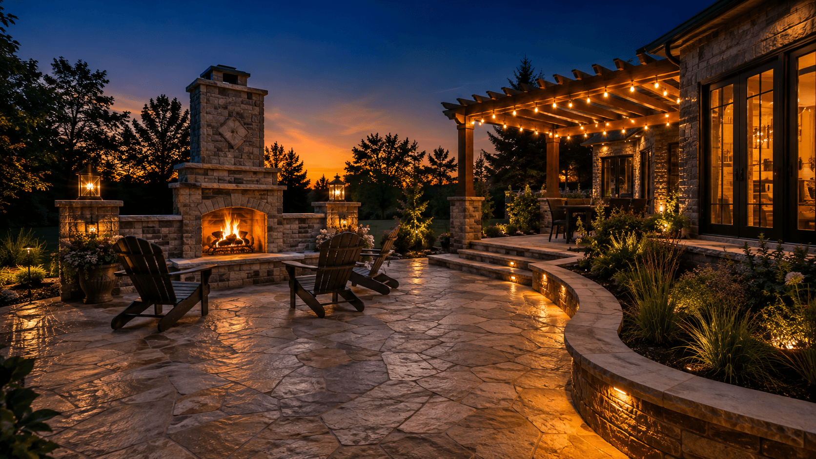 A natural stone patio and masonry feature glowing at twilight in Oakville by McCoy Landscape Group