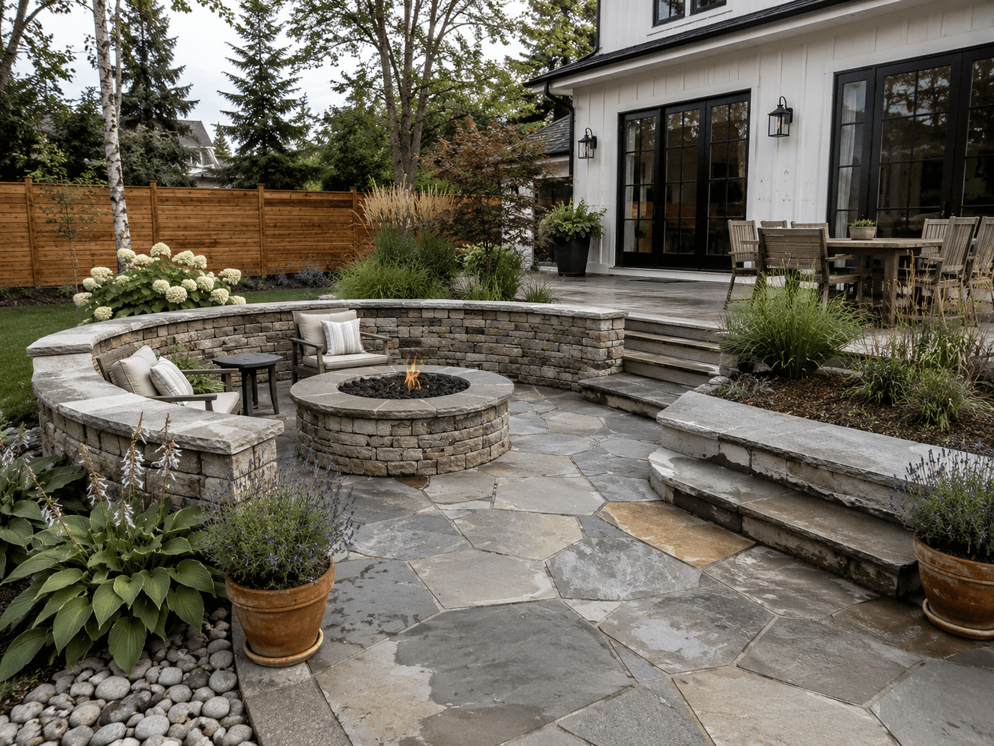Upscale farmhouse natural stone patio with an integrated fire pit and seating in Oakville by McCoy Landscape Group