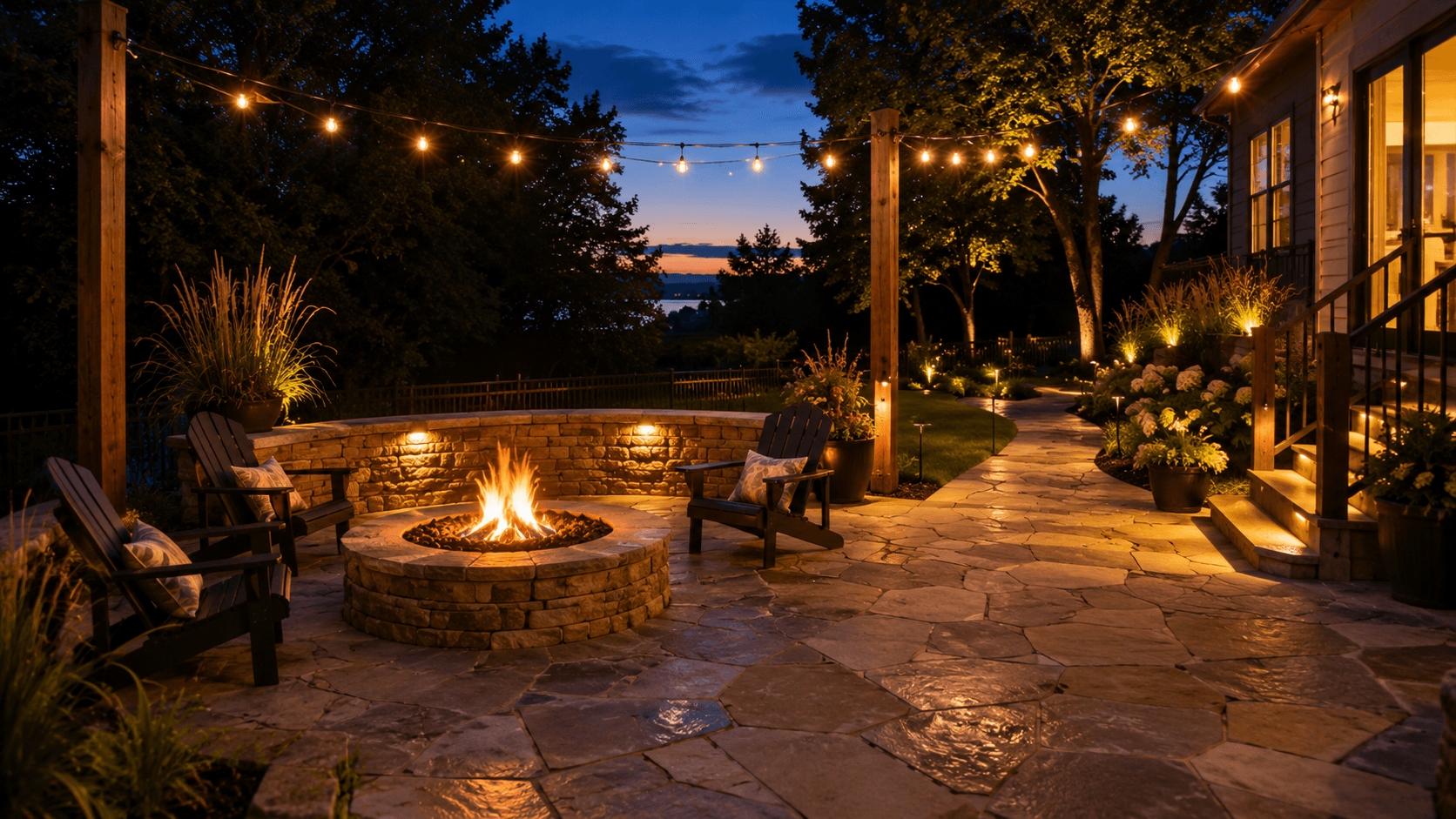 A cozy twilight natural stone patio with a fire pit in Oakville by McCoy Landscape Group