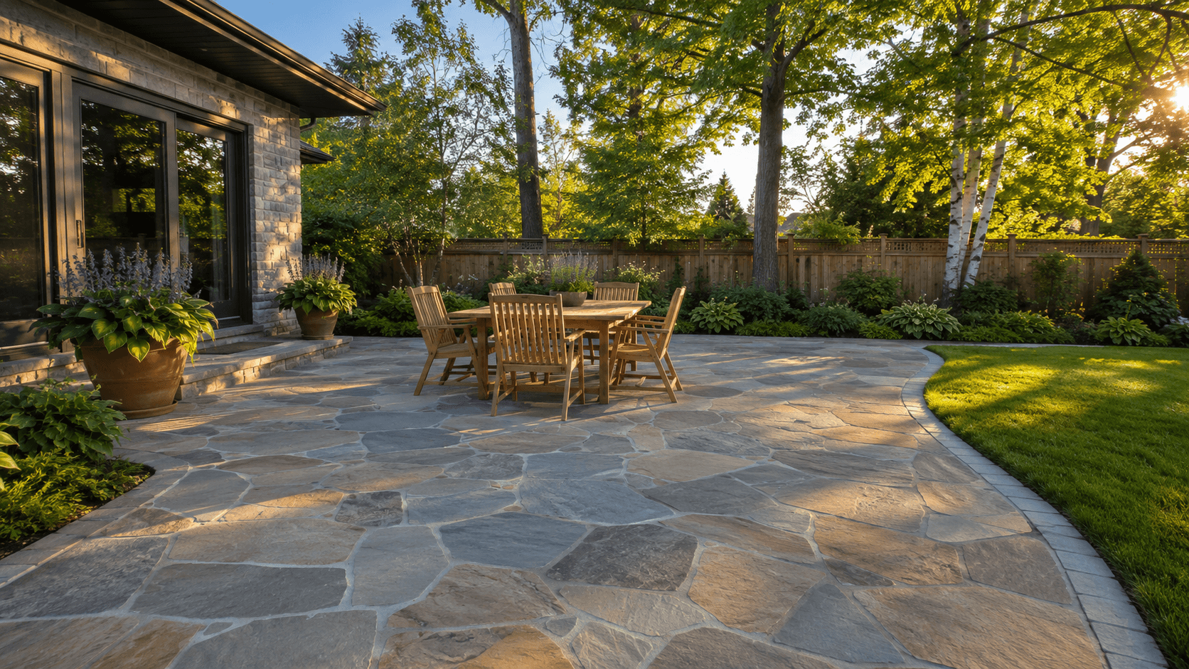 Golden-hour natural stone backyard patio retreat on an Oakville property built by McCoy Landscape Group