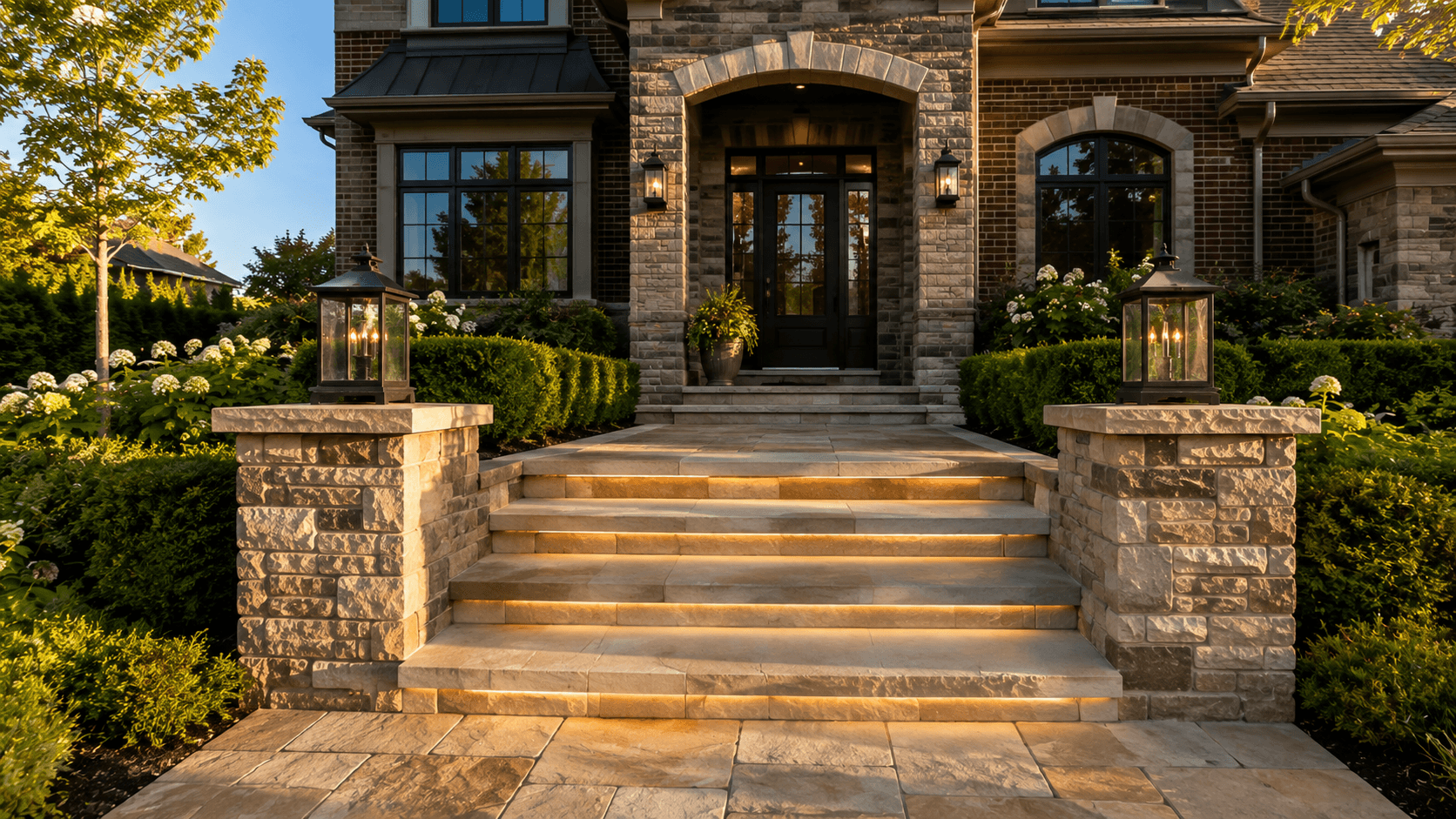 Custom natural stone entry steps with integrated lighting on an Oakville property built by McCoy Landscape Group