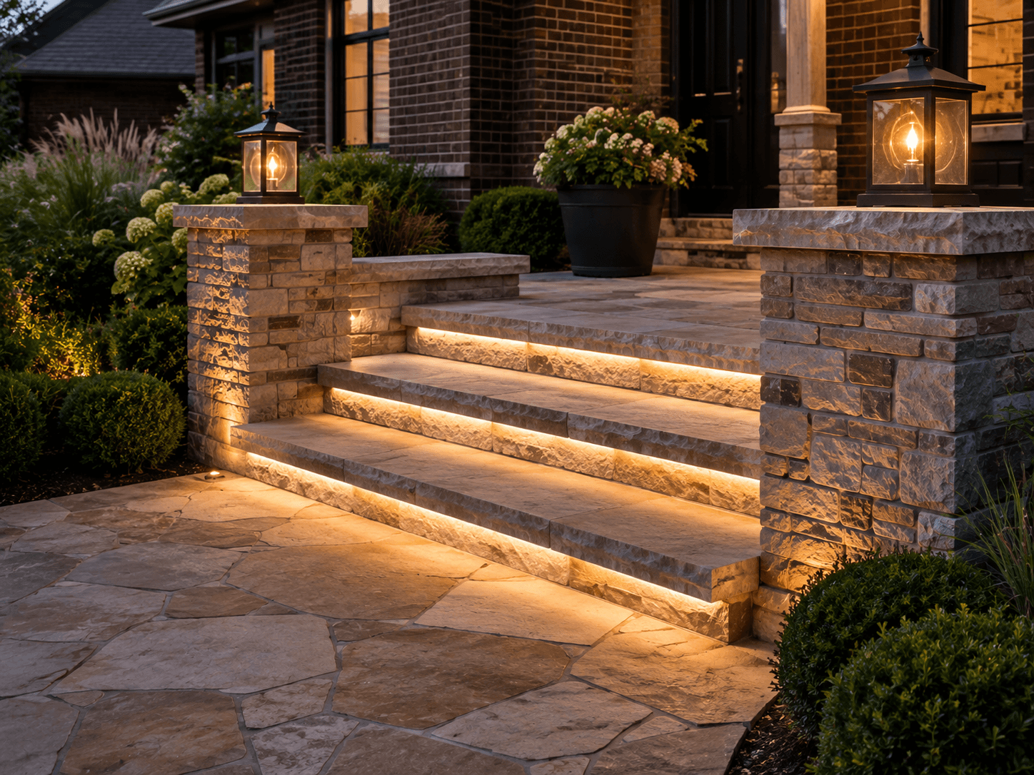 Natural stone entry steps with integrated lighting and matching stone pillars in Oakville by McCoy Landscape Group