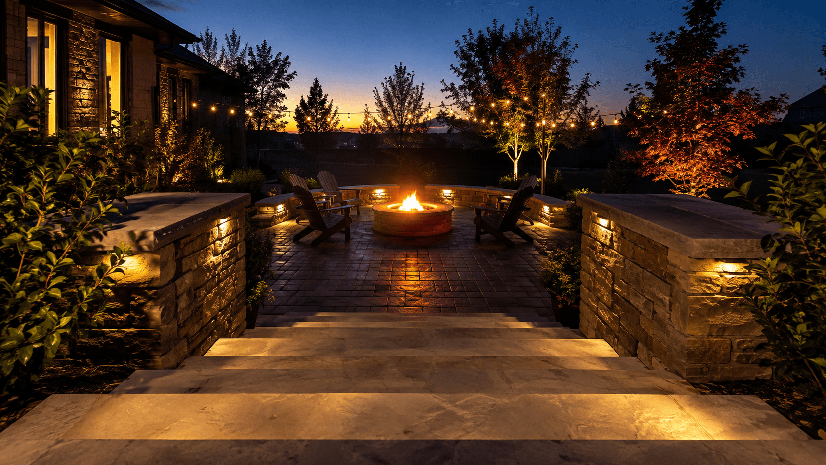 Natural stone steps glowing at twilight in Oakville by McCoy Landscape Group