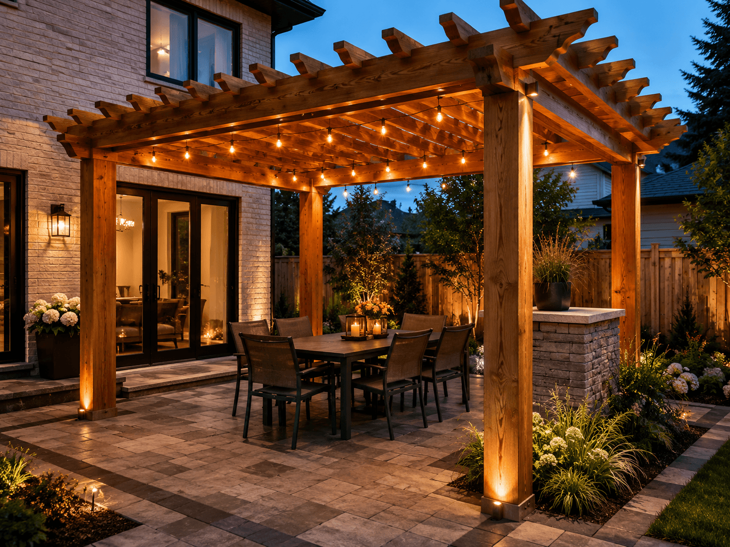 Cedar pergola over a dining patio with integrated lighting in Oakville by McCoy Landscape Group
