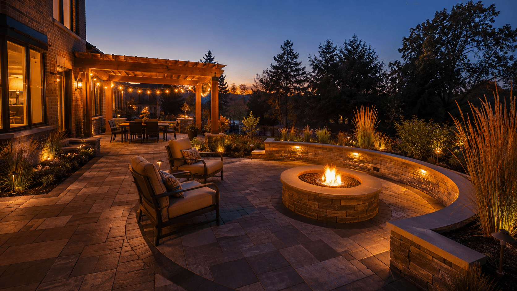 A full outdoor living space glowing at twilight in Oakville by McCoy Landscape Group