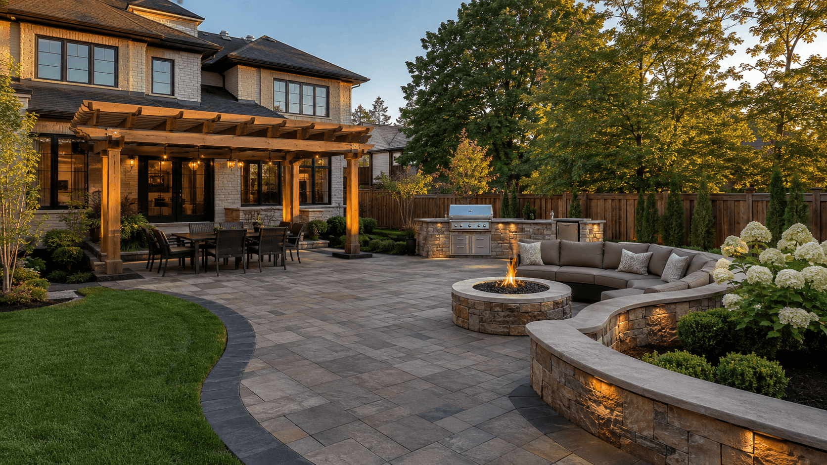 Full outdoor living space with paver patio, pergola, fire pit, and seating wall in Oakville by McCoy Landscape Group