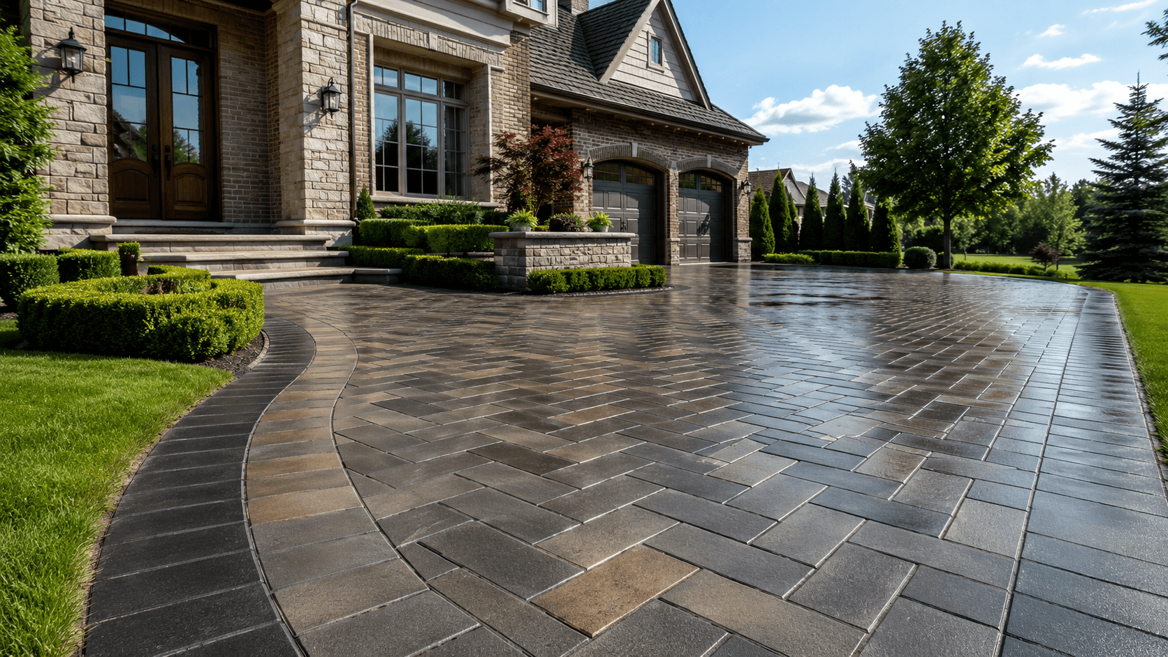 Freshly cleaned and sealed interlock paver surface on an Oakville property restored by McCoy Landscape Group