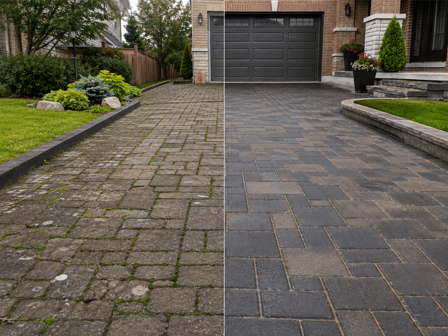 A faded weed-filled driveway cleaned, re-sanded, and sealed back to like-new in Oakville by McCoy Landscape Group
