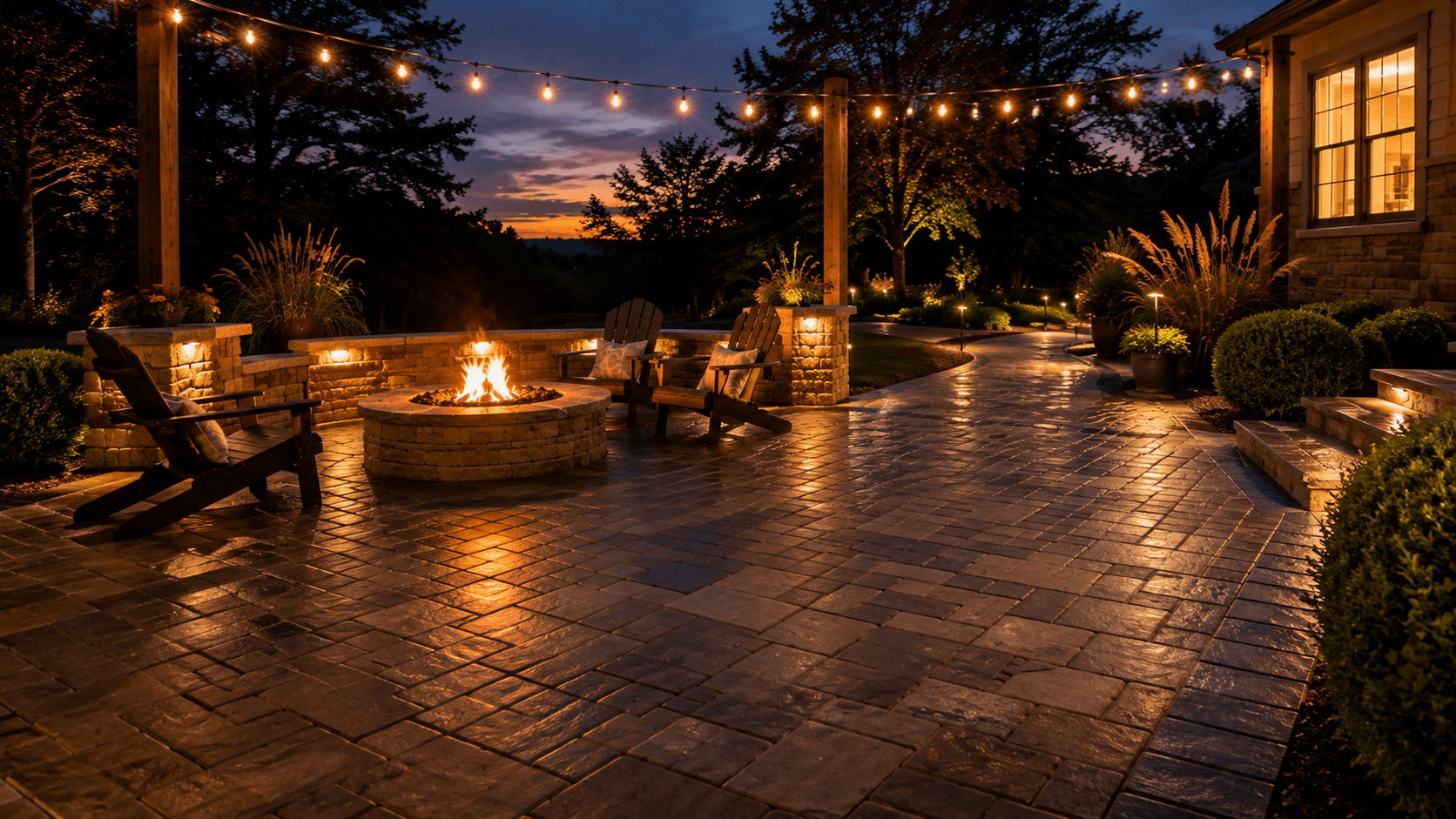A freshly sealed interlock patio glowing at twilight in Oakville by McCoy Landscape Group